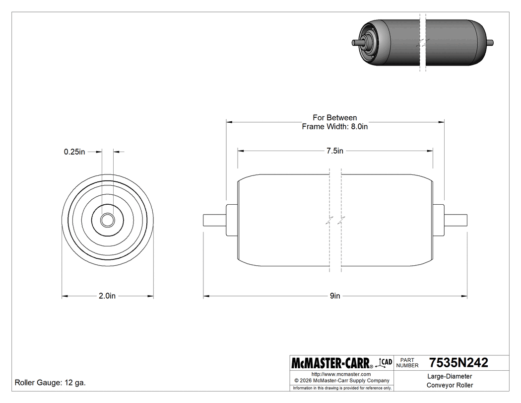 Technical Drawing of Large-Diameter Conveyor Roller, Aluminum, 1/4" Round Axle, 2" Diameter, for 8" Between Frame Width .